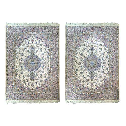 فرش دستبافت ۶ متری جفت اردکان مدل سایه گل ابریشم کد JD6002 زمینه کرم‌ 