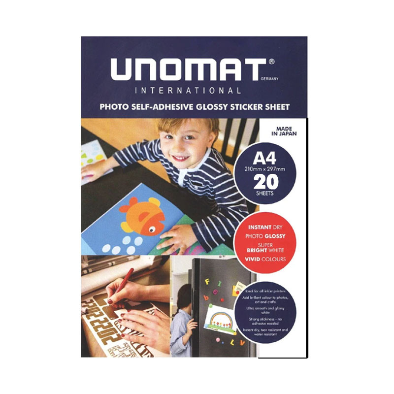 کاغذ چاپ عکس فتوگلاسه پشت چسب دار یونومات مدل ST115 سایز A4 بسته 20 عددی