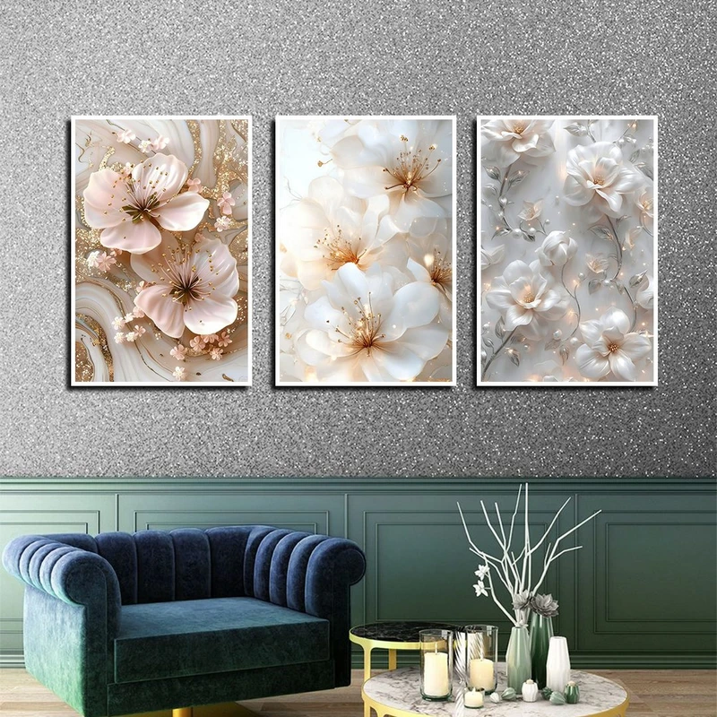 تابلو بکلیت طرح مدرن گل رزین مدل W-4045 فریم سفید مجموعه 3 عددی