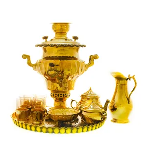 سرویس سماور ذغالی 12 پارچه برنجی مدل میخی ترک دار کد 4450