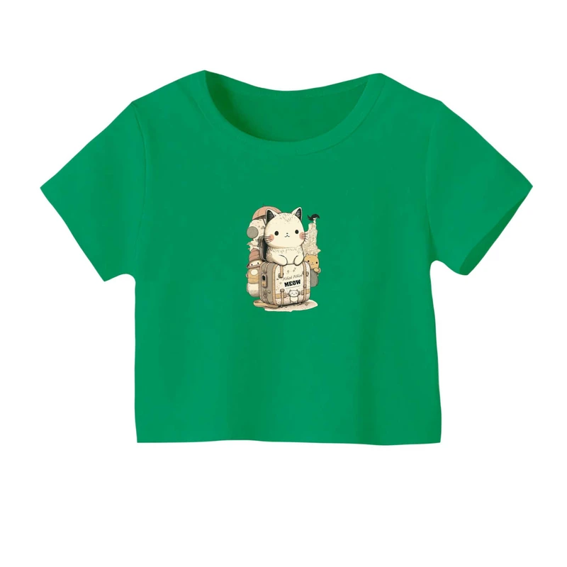 کراپ‌ تی‌شرت آستین کوتاه زنانه مدل گربه مسافر