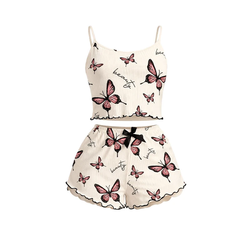 ست تاپ و شلوارک راحتی زنانه مدل 0403129 طرح پروانه 1