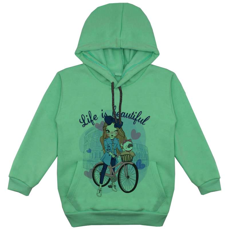 هودی دخترانه مدل دختر و دوچرخه کد F86 رنگ سبز