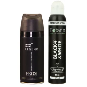 اسپری خوشبو کننده بدن مردانه پروکسی مدل MONT BLANC LEGEND حجم 150 میلی لیتر به همراه اسپری بدن مردانه بوتانیس مدل Black&White حجم 175 میلی لیتر