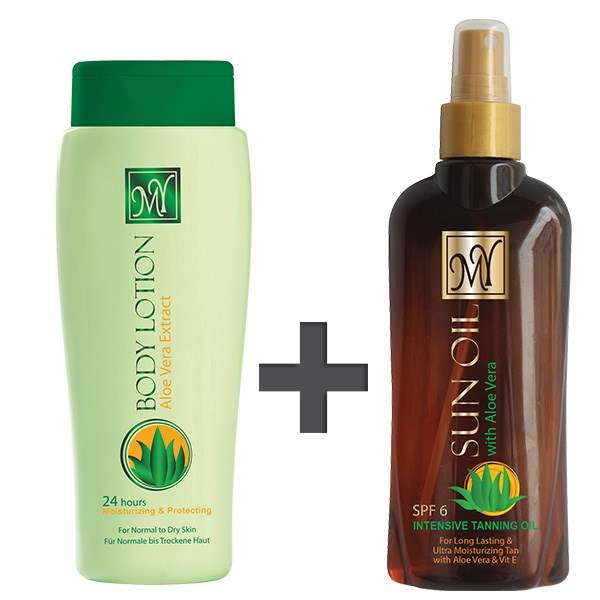 روغن آفتاب آلوئه ورا مای SPF6 حجم 200 میلی لیتر و لوسیون بدن با عصاره ی آلوئه ورا مای حجم 250 میلی لیتر