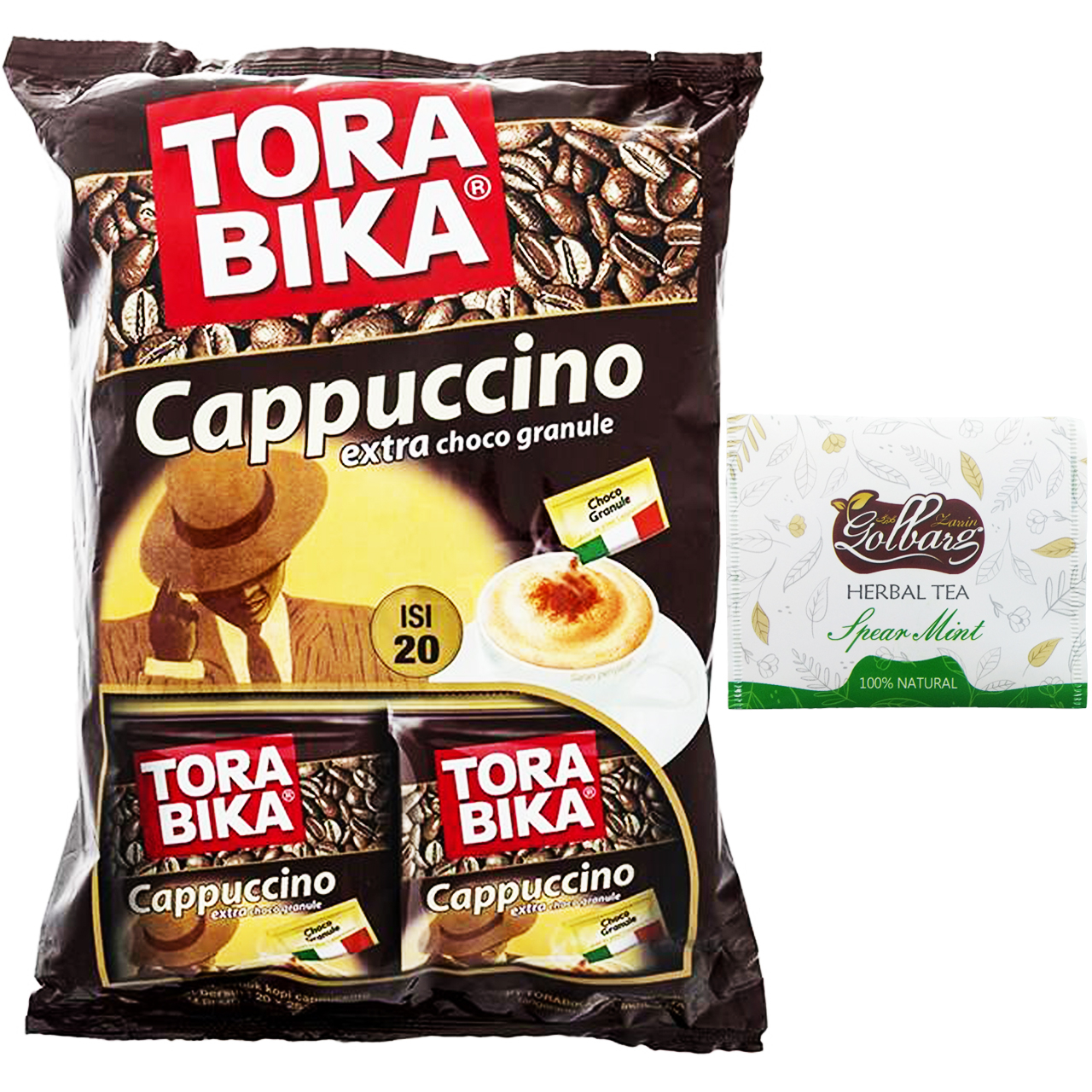 کاپوچینو ترابیکا مدل Cappuccino بسته 20 عددی همراه با دمنوش کیسه ای نعنا گلبرگ زرین