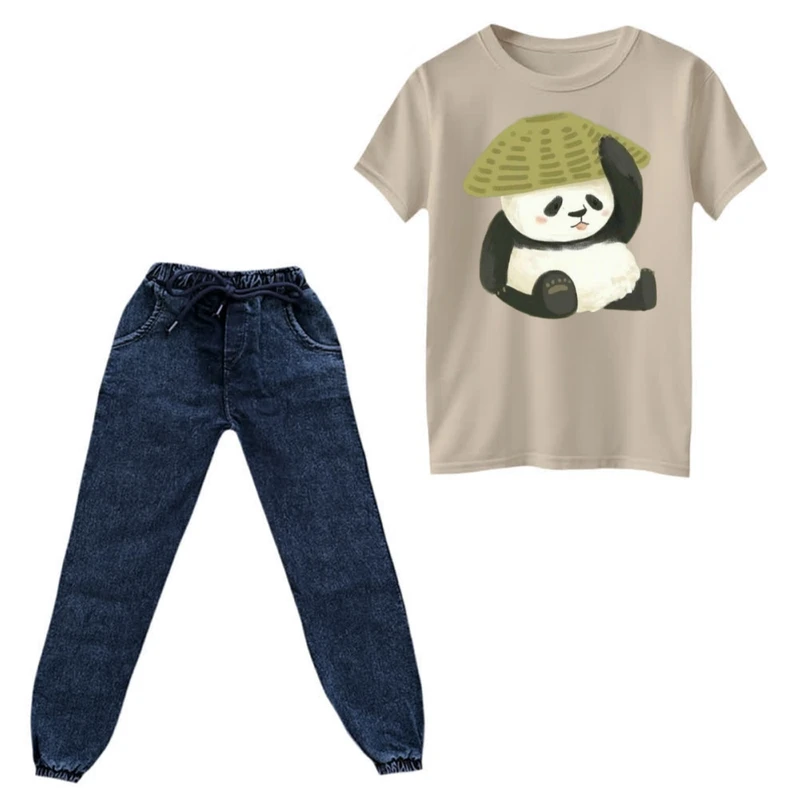 ست تی‌شرت و شلوار دخترانه مدل  پاندای خسته  رنگ کرم