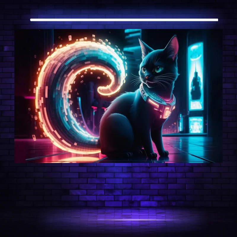 پوستر پارچه ای مدل بک دراپ بلک لایت طرح گربه دیجیتال کد AR304550