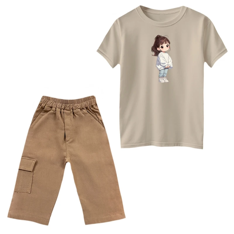 ست تی‌شرت و شلوارک دخترانه مدل دختر مو بلند