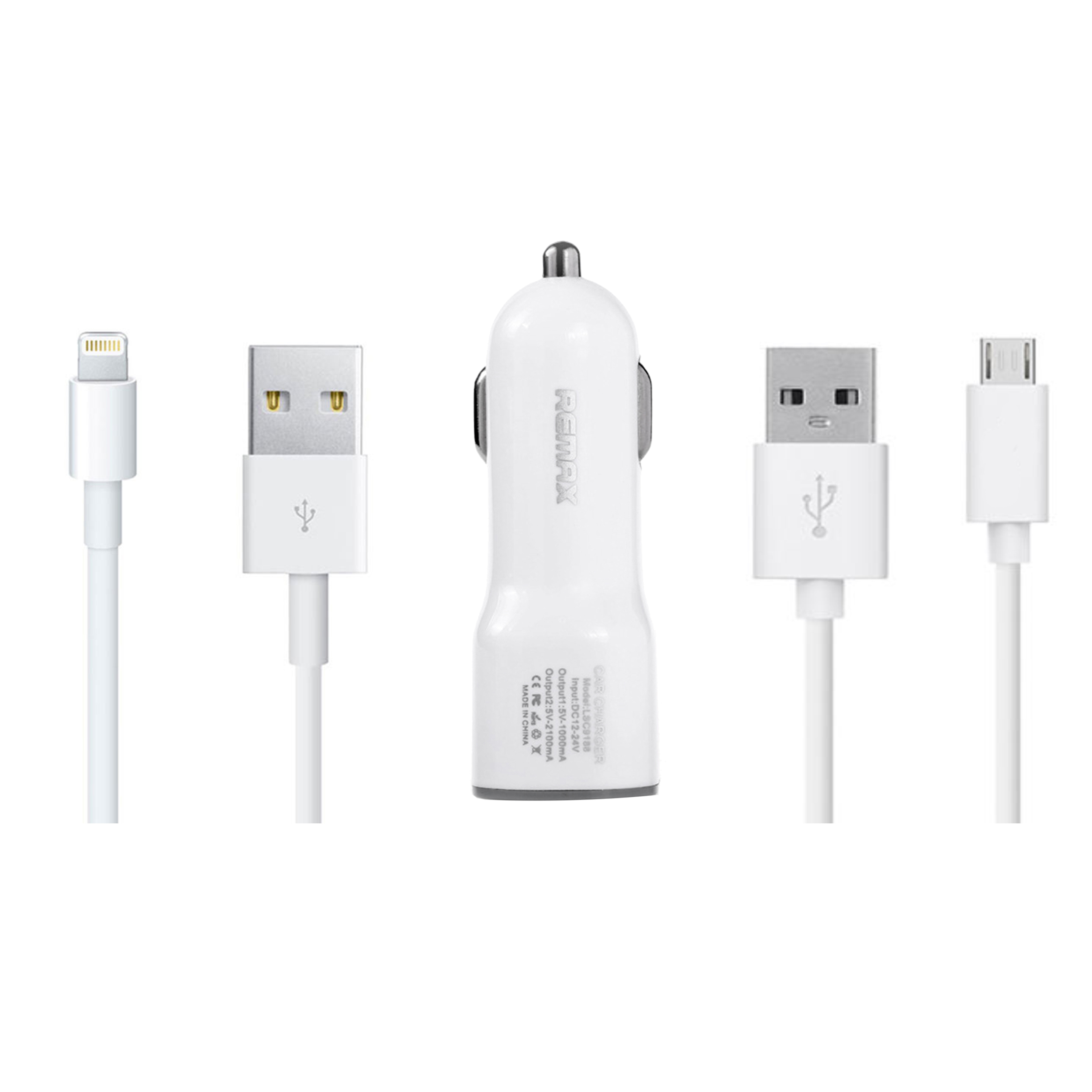 شارژر فندکی ریمکس مدل CC201 به همراه کابل شارژ لایتنیگ و کابل شارژ Micro USB