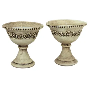 شمعدان سفالی دست نگار طرح جام لب کنگره مجموعه 2 عددی کد 32-20 