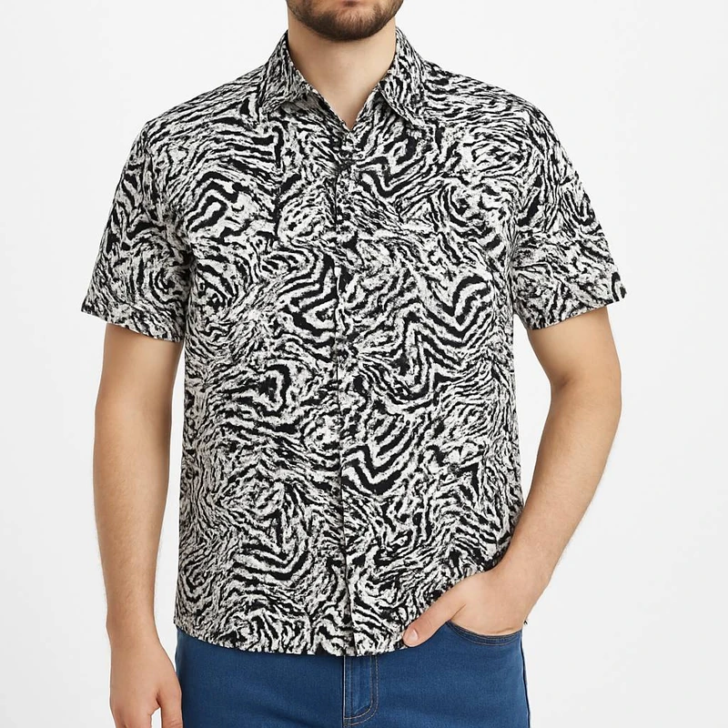 پیراهن آستین کوتاه یقه برگردان مردانه مدل هاوایی پلنگی