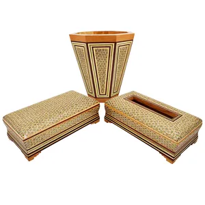 ست 3 تکه جعبه دستمال کاغذی و جعبه کارد و چنگال و سطل خاتم کاری کد 02