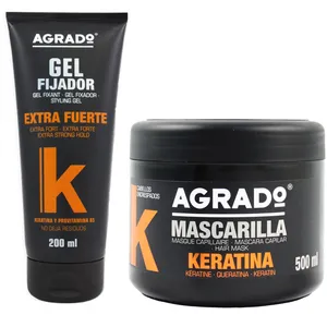 ماسک مو کراتینه آگرادو مدل Keratina حجم 500 میلی لیتر به همراه ژل کراتینه آگرادو مدل Extra Strong حجم 200 میلی لیتر مجموعه دو عددی 