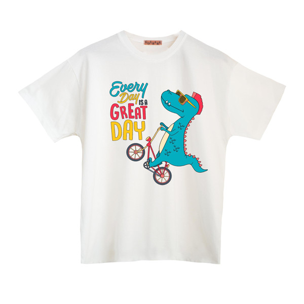 تی شرت آستین کوتاه  بچگانه مدل دایناسور دوچرخه سوار رنگ سفید