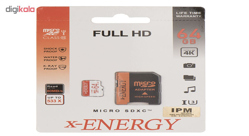کارت حافظه microSDXC ایکس انرژی مدل IPM کلاس 10 استاندارد U3 سرعت 80MBps همراه با آداپتور SD ظرفیت 64 گیگابایت
