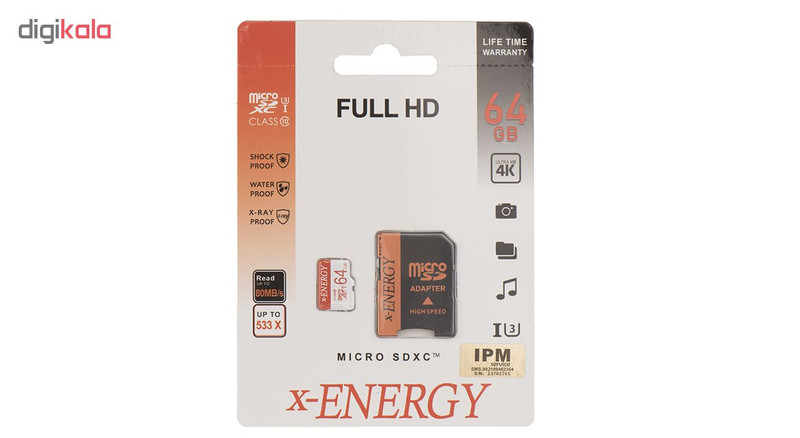 کارت حافظه microSDXC ایکس انرژی مدل IPM کلاس 10 استاندارد U3 سرعت 80MBps همراه با آداپتور SD ظرفیت 64 گیگابایت
