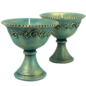 شمعدان سفالی دست نگار طرح جام لب کنگره مجموعه 2 عددی کد 34-20 