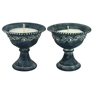شمعدان سفالی دست نگار طرح جام لب کنگره مجموعه 2 عددی کد 35-20 