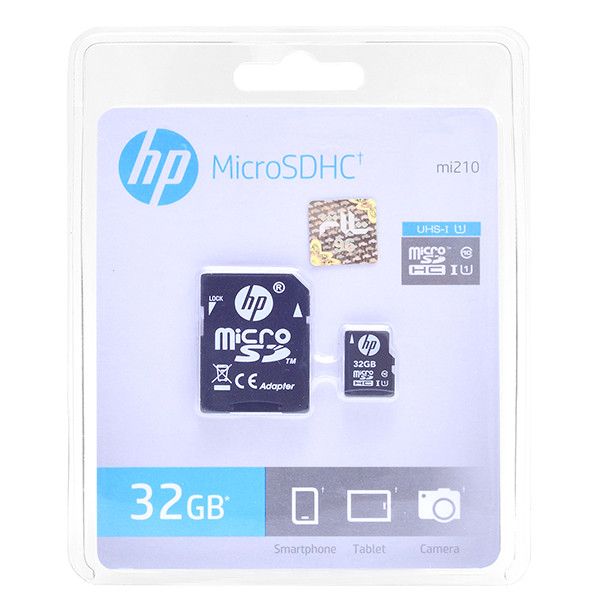 تصویر کارت حافظه microSDHC اچ پی مدل Mi210 کلاس 10 استاندارد UHS-I U1 همراه با آداپتور SD ظرفیت 32 گیگابایت