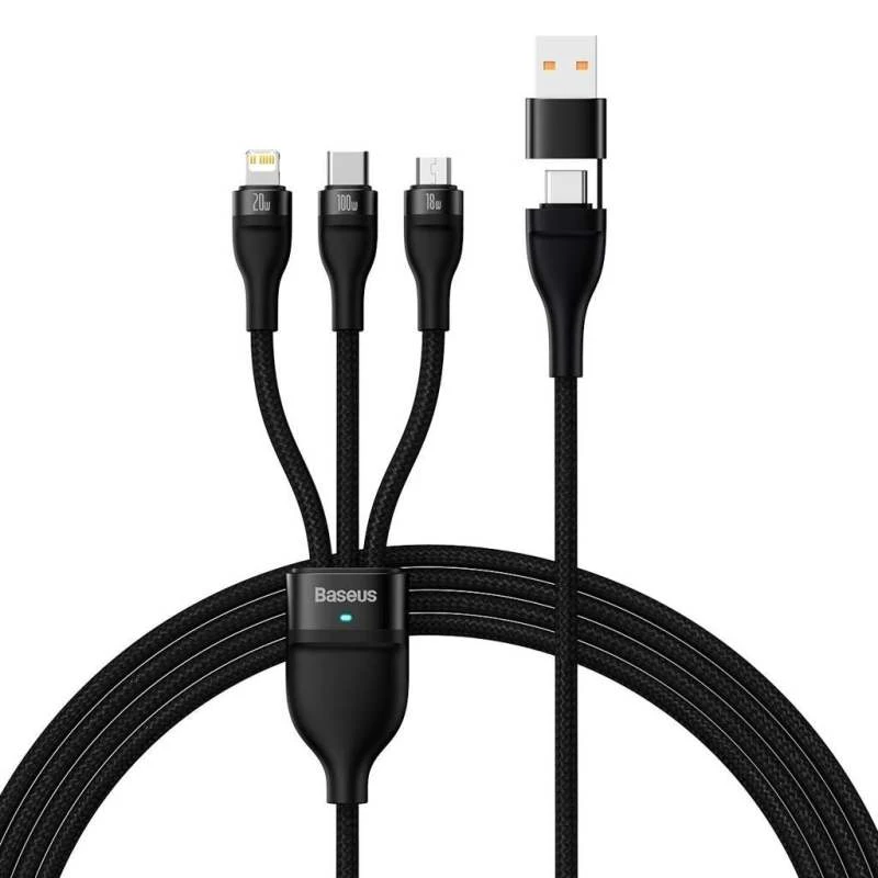 کابل تبدیل USB/USB-C به لایتنینگ /USB-C/micro-USB باسئوس مدل TWO-FOR-THREE FASH CHARHING CABLE 100W طول 1.2 متر