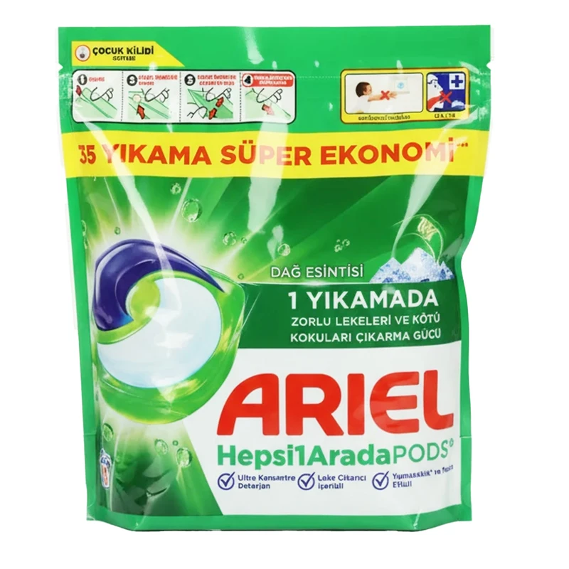 قرص ماشین لباسشویی آریل با رایحه کوهستانی مناسب برای همه البسه ها بسته 35 عددی