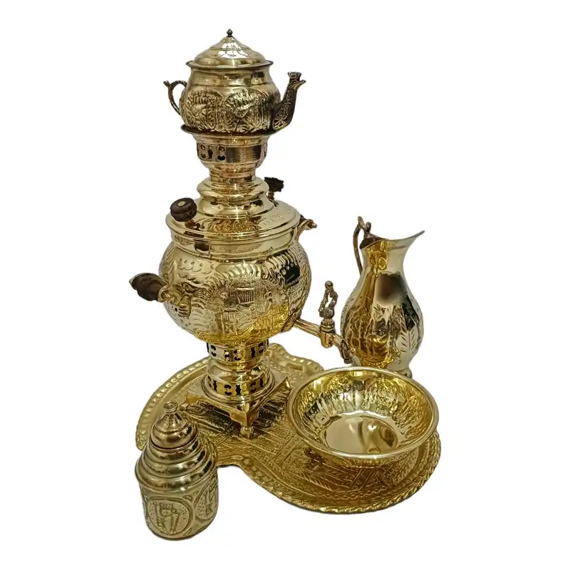 سرویس سماور ذغالی 6 پارچه برنجی مدل سرباز هخامنشی کد H-1252