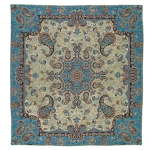 ترمه سپهر یاس رومیزی مدل بته جقه طلایی آبی طرح3 یک تکه سایز 100*100 سانتیمتر