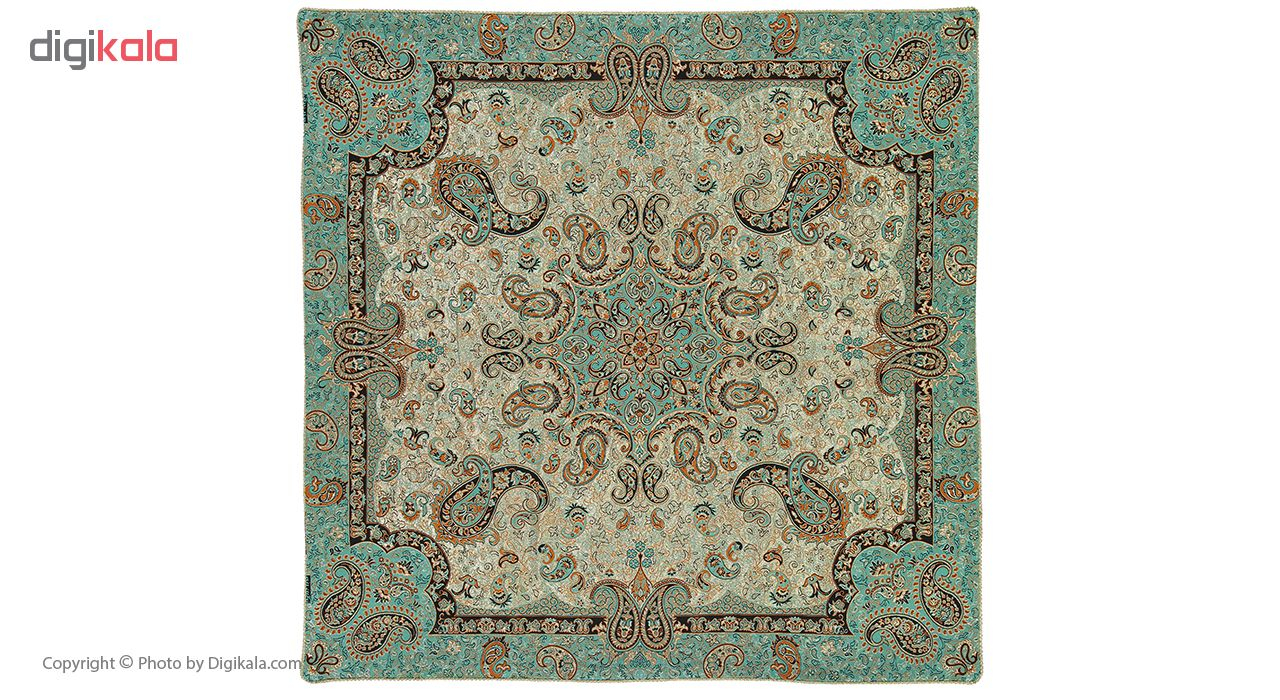 ترمه سپهر یاس رومیزی مدل بته جقه طلایی فیروزه ای طرح11 یک تکه سایز 100*100 سانتیمتر