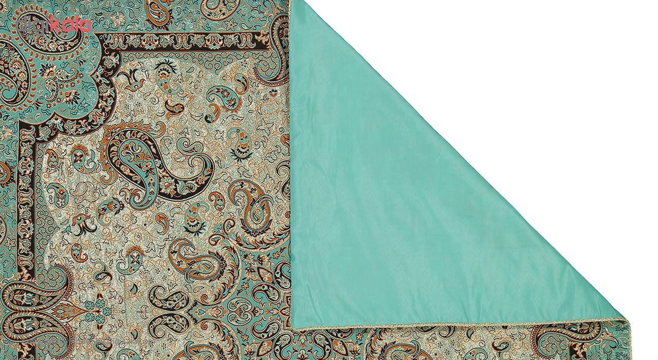 ترمه سپهر یاس رومیزی مدل بته جقه طلایی فیروزه ای طرح11 یک تکه سایز 100*100 سانتیمتر