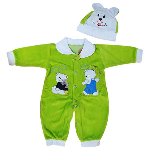 ست سرهمی و کلاه نوزادی نسیم طرح خرسی رنگ سبز