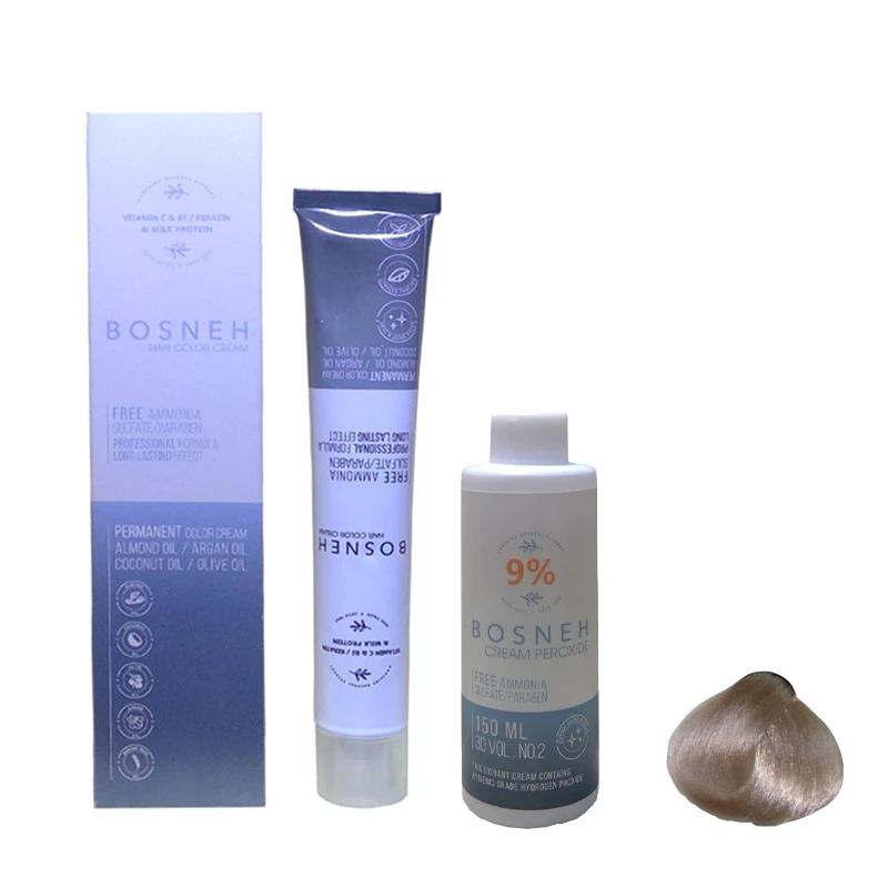 رنگ مو بوسنه مدل FREE AMMONIA شماره 12.06 حجم 100 میلی لیتر رنگ بلوند شنی بسیار روشن به همراه اکسیدان بوسنه مدل 30vol نه درصدی حجم 150 میلی لیتر