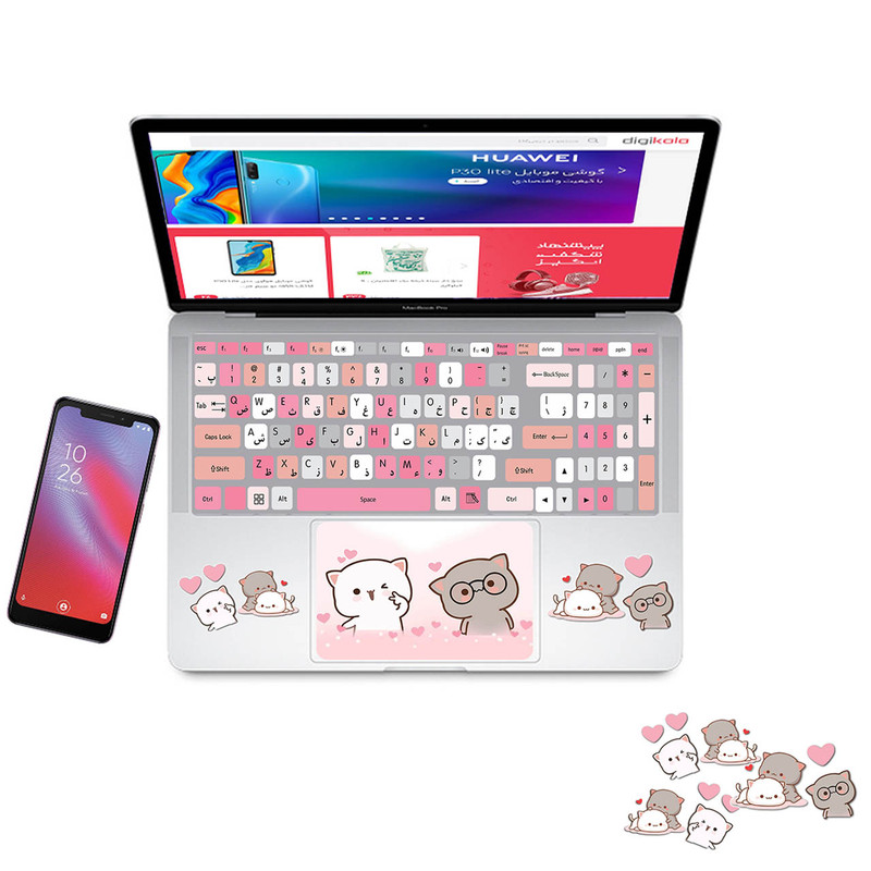 استیکر لپ تاپ مدل cute cat 01 مناسب برای لپ تاپ 15 تا 17 اینچ به همراه برچسب حروف فارسی کیبورد