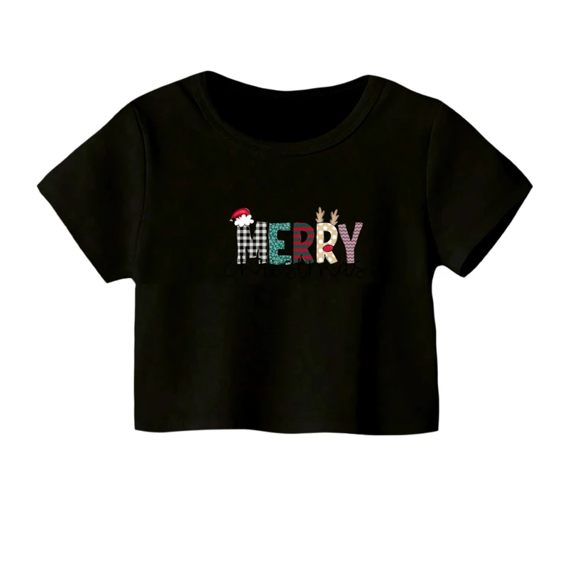 کراپ‌ تی‌شرت آستین کوتاه زنانه مدل نوشته کریسمس کد 27