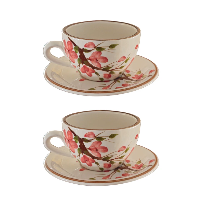 فنجان و نعلبکی سرامیکی طرح شکوفه هلو بسته 2 عددی