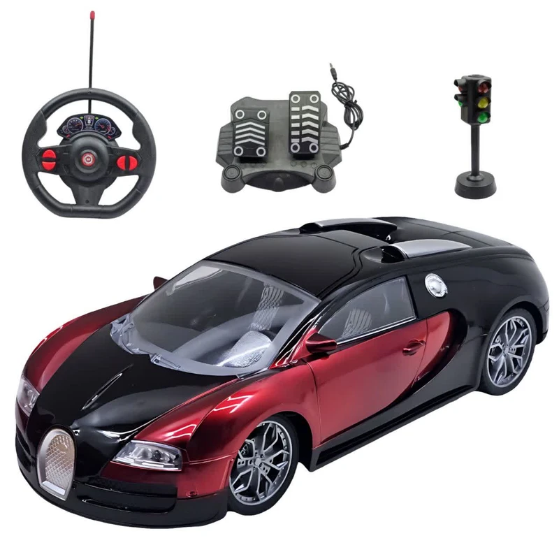 ماشین بازی کنترلی ناب سل مدل بوگاتی شارژی پدال دار فرمانی چراغ دار همراه با چراغ راهنمایی  Rechargeable bugati with pedals, illuminated steering wheel and traffic lights