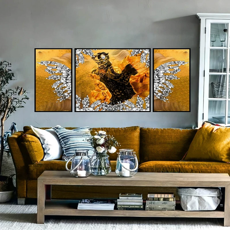 تابلو ساده بکلیت طرح مدرن دیجیتال آرت مدل شاین اکلیلی B-2896 فریم مشکی مجموعه 3 عددی