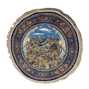 فرش ماشینی 1200 شانه زمینه آبی حاشیه سرمه ای مدل شکارگاه