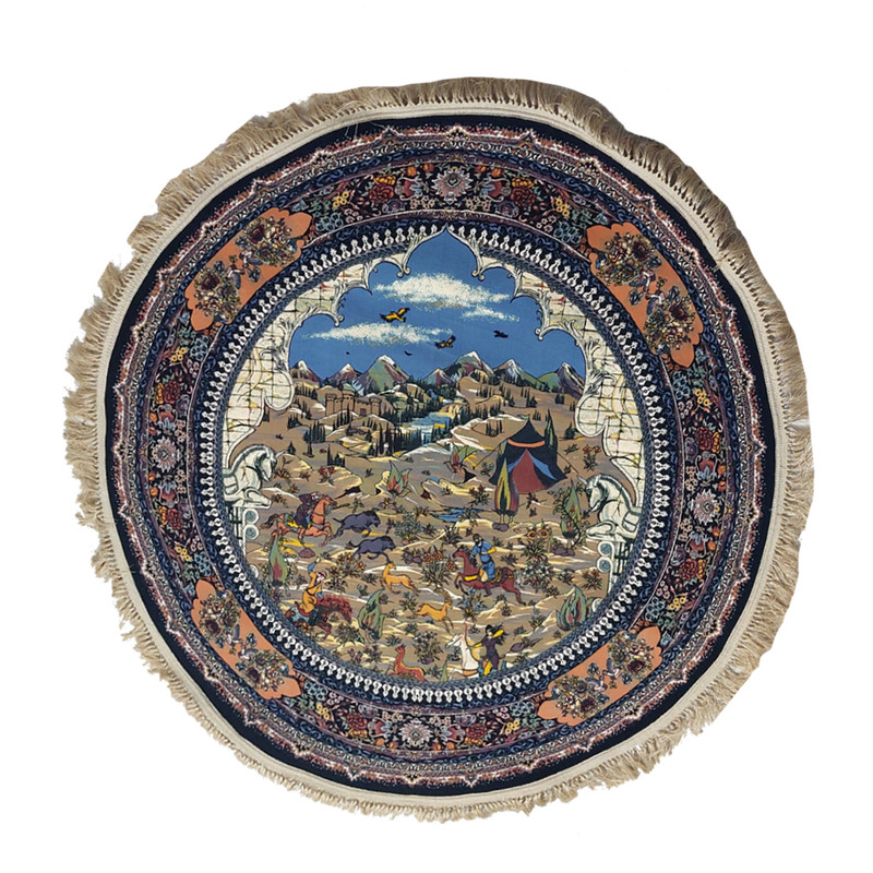 فرش ماشینی 1200 شانه زمینه آبی حاشیه سرمه ای مدل شکارگاه