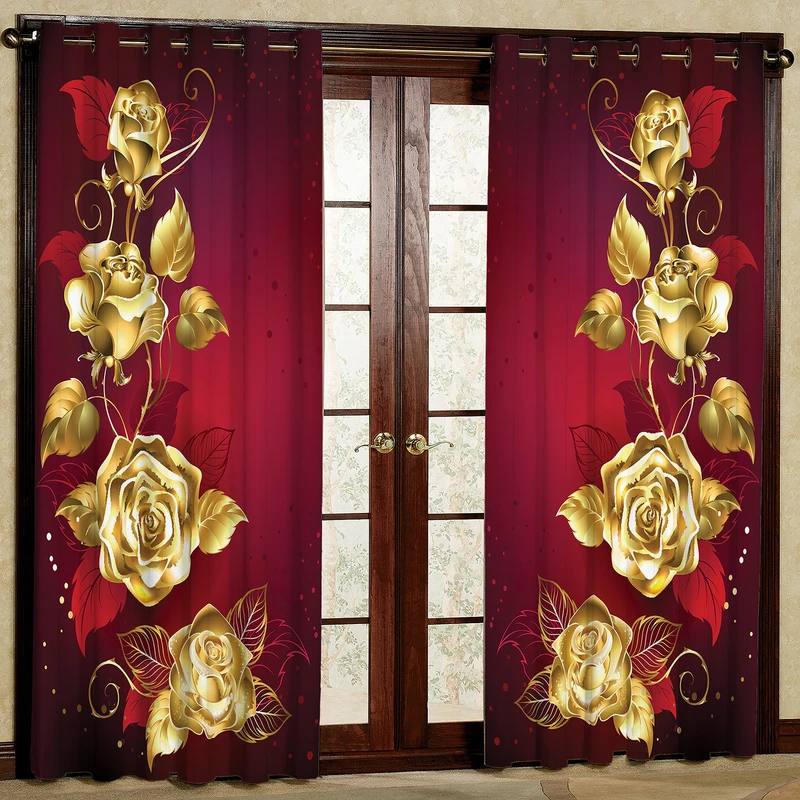 پرده مدل گل رز طلایی مخمل پانچی کد 1142L سایز 140x280 سانتی متر