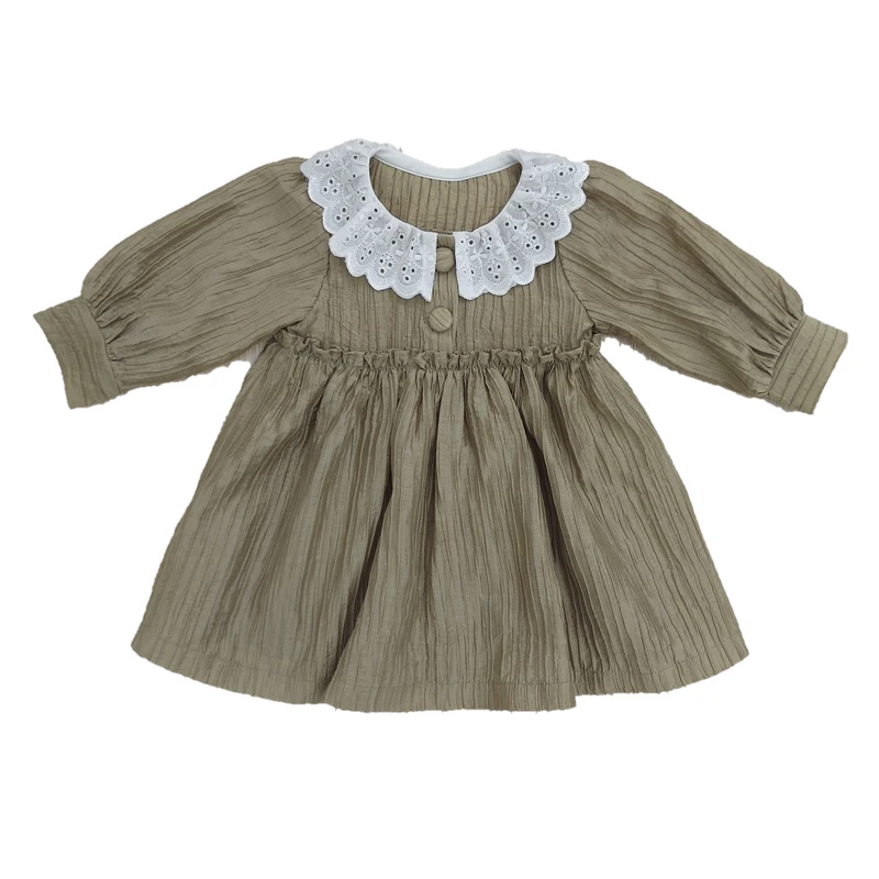 پیراهن آستین سه ربع یقه گرد دخترانه مدل پلیسه ای یقه خامه دوزی