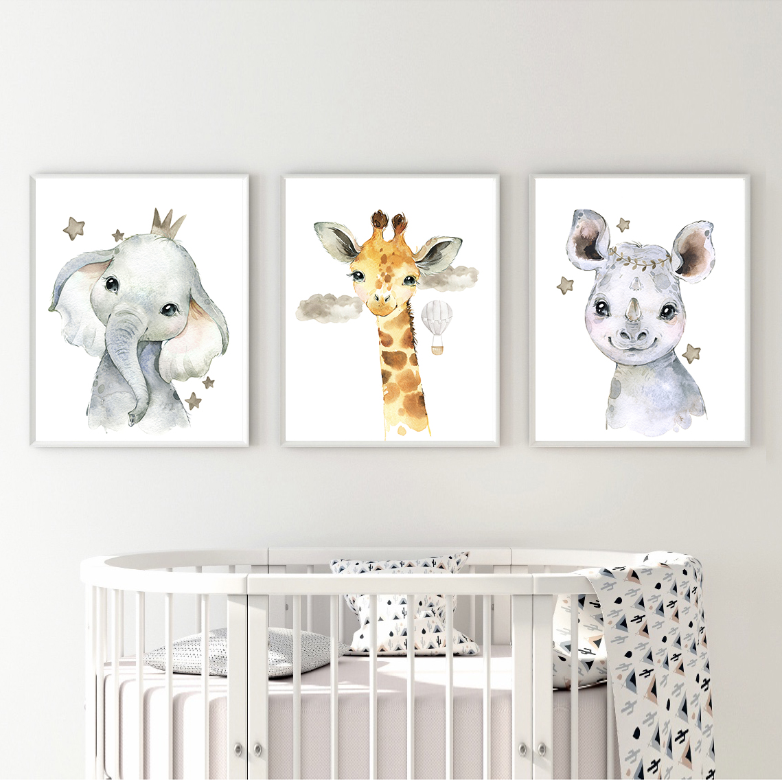 تابلو اتاق کودک و نوزاد الفاپ مدل فیل زرافه کرگدن کد Watercolore Animals 003 مجموعه 3 عددی