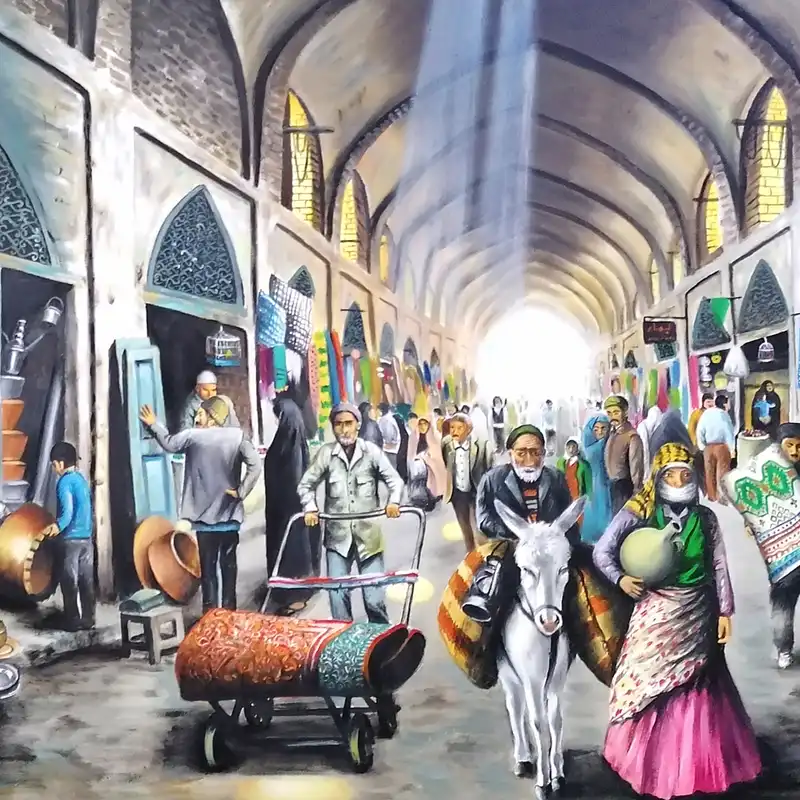 تابلو نقاشی رنگ روغن مدل بازار مسگرها کد ۱۸۰۸