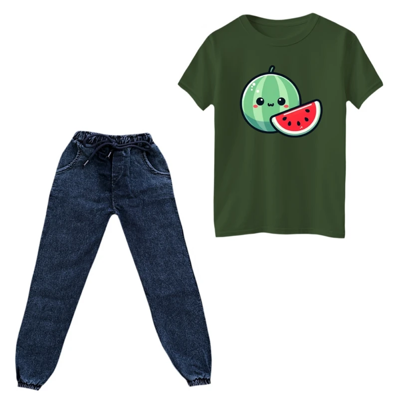 ست تی‌شرت و شلوار پسرانه مدل هندوانه یلدایی کد 24 رنگ یشمی