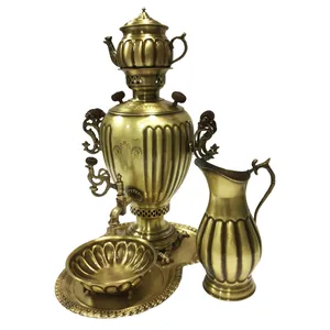 سرویس سماور ذغالی 5 پارچه برنجی مدل آناناسی