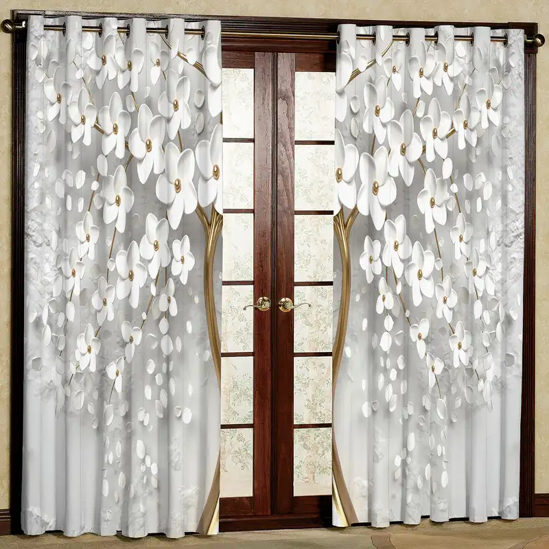 پرده مدل درخت شکوفه سفید هازان پانچی کد 1997 سایز 140x200 سانتی متر