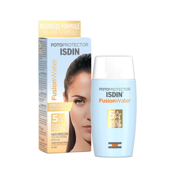 کرم ضد آفتاب بی رنگ ایزدین SPF50 مدل Fusion Water 5 Daily مناسب انواع پوست حجم 50 میلی لیتر