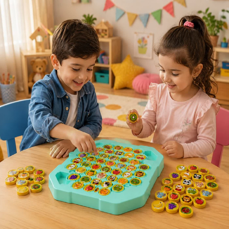 بازی فکری مدل شطرنج حافظه مناسب 2 تا 4 نفر، تقویت حافظه دیداری و تمرکز، شامل 52 مهره پلاستیکی تصویری، درجه سختی متوسط، تولید ایران، همراه با راهنمای فارسی