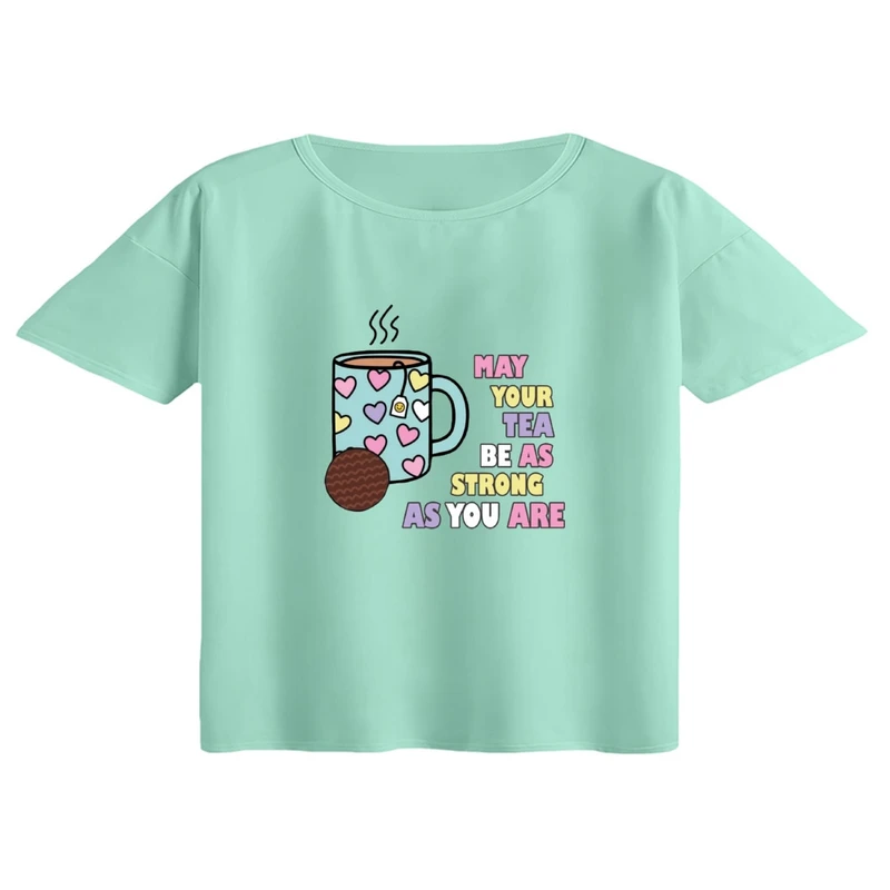 کراپ تی‌شرت آستین کوتاه زنانه مدل چای و کوکی