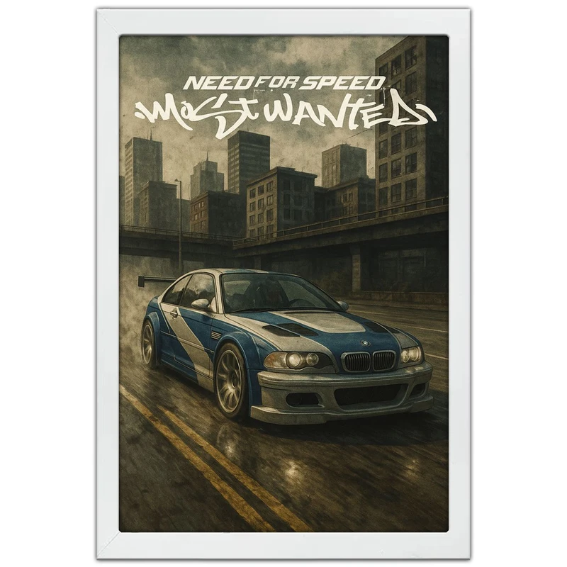 تابلو بکلیت طرح ماشین و خودرو بی ام و BMW M3 GTR NEED FOR SPEED MOST WANTED مدل W-po1946 فریم سفید